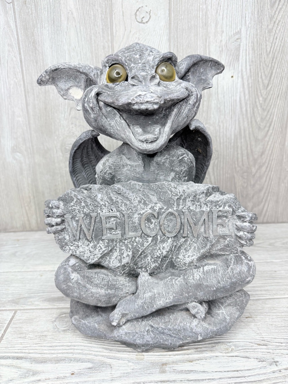 Rare Big Sister Natasha Gargoyle with Gold Eyes Holding Welcome Sign statue